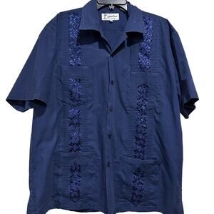 Yucateca Shirt Mens XL Navy Blue Guayabera Short Sleeve Embroidered Cuban FLAW
